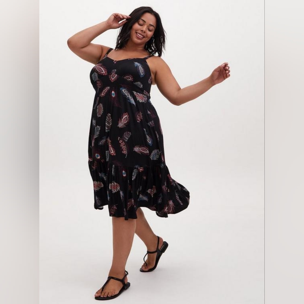 Torrid Feather Print Midi Super Soft Tiered Dress Size 2